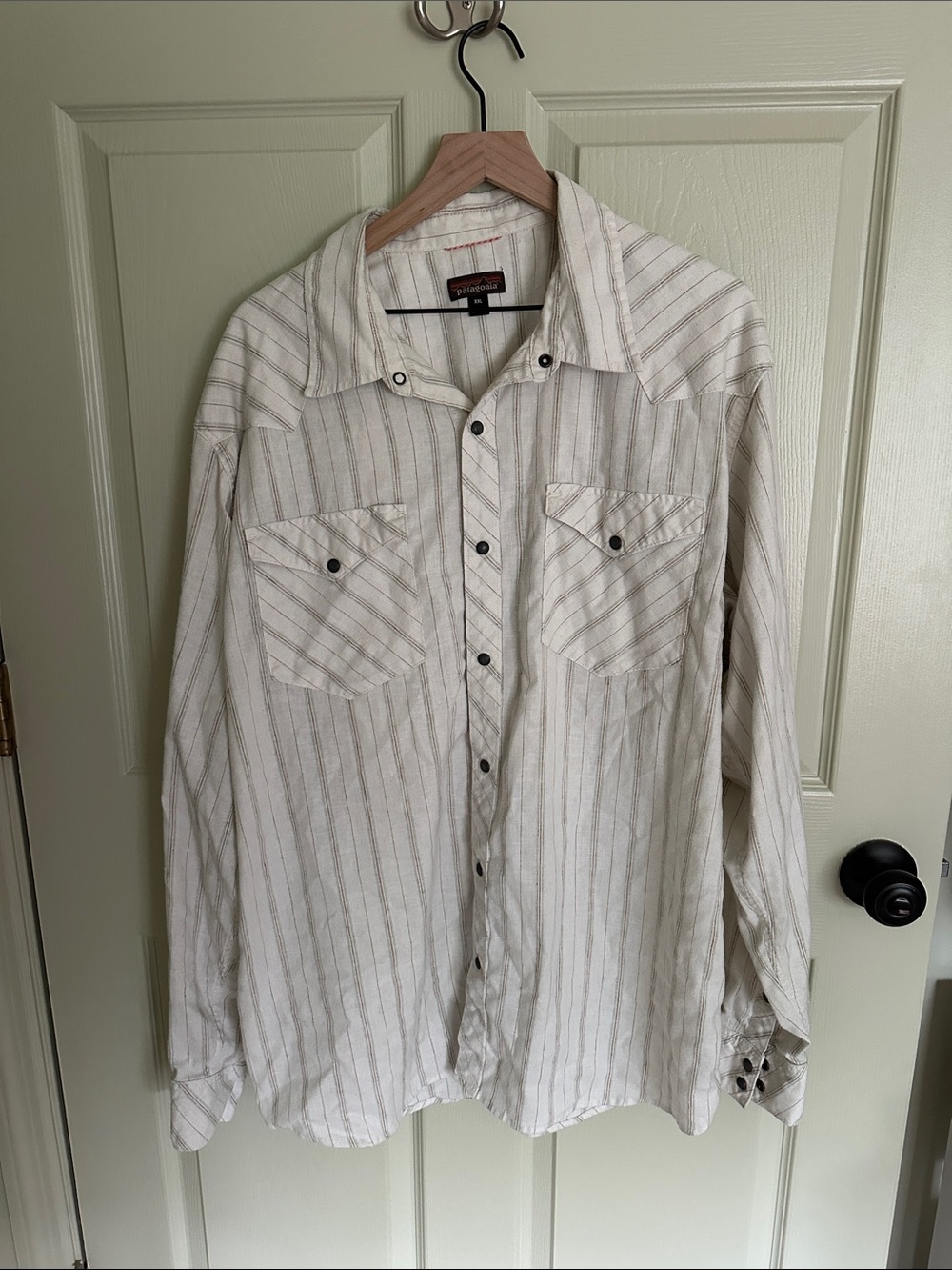 Patagonia Snap Cream Shirt with Brown Stripe Detail